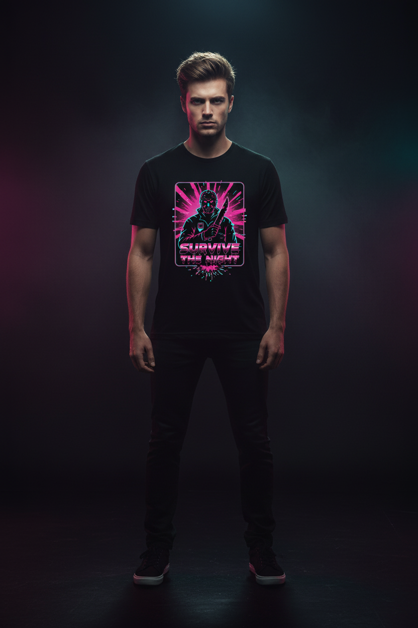Survive the Night black t-shirt on male model