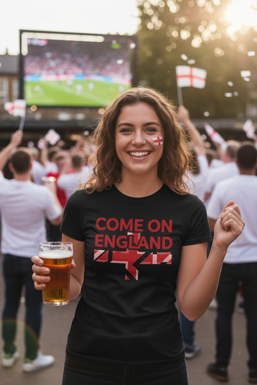 Women's Come On England minimalist black t-shirt lifestyle shot