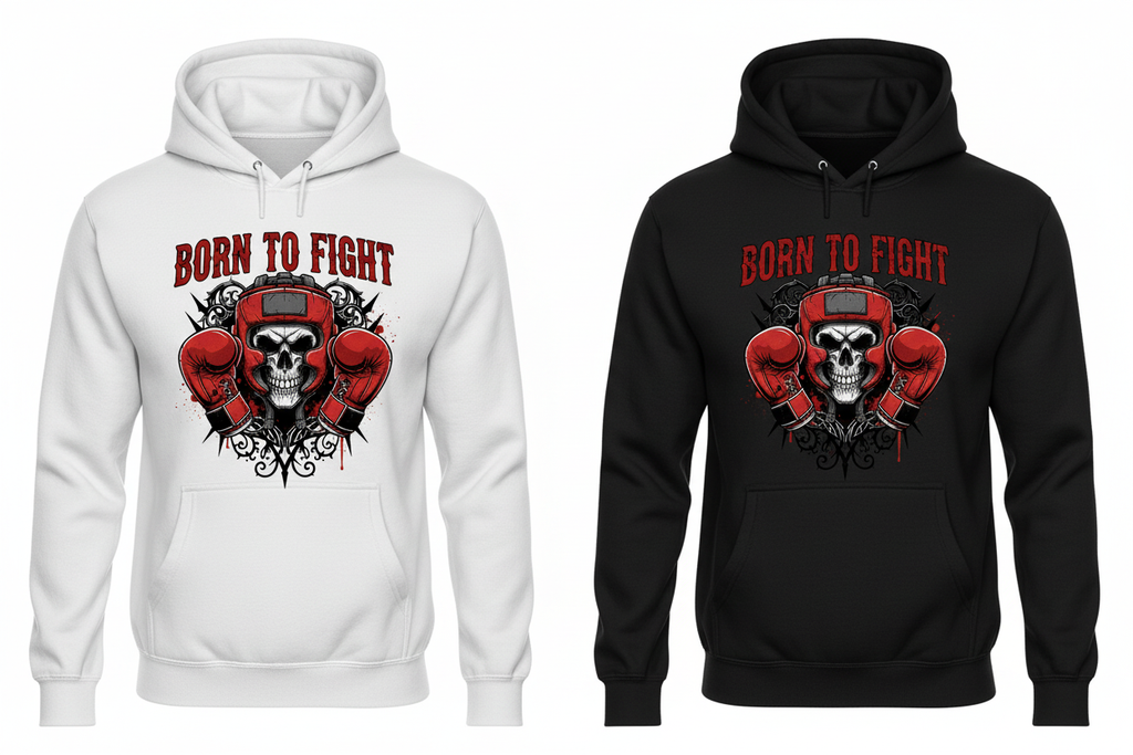 Born to Fight boxing hoodie shown in both black and white colourways