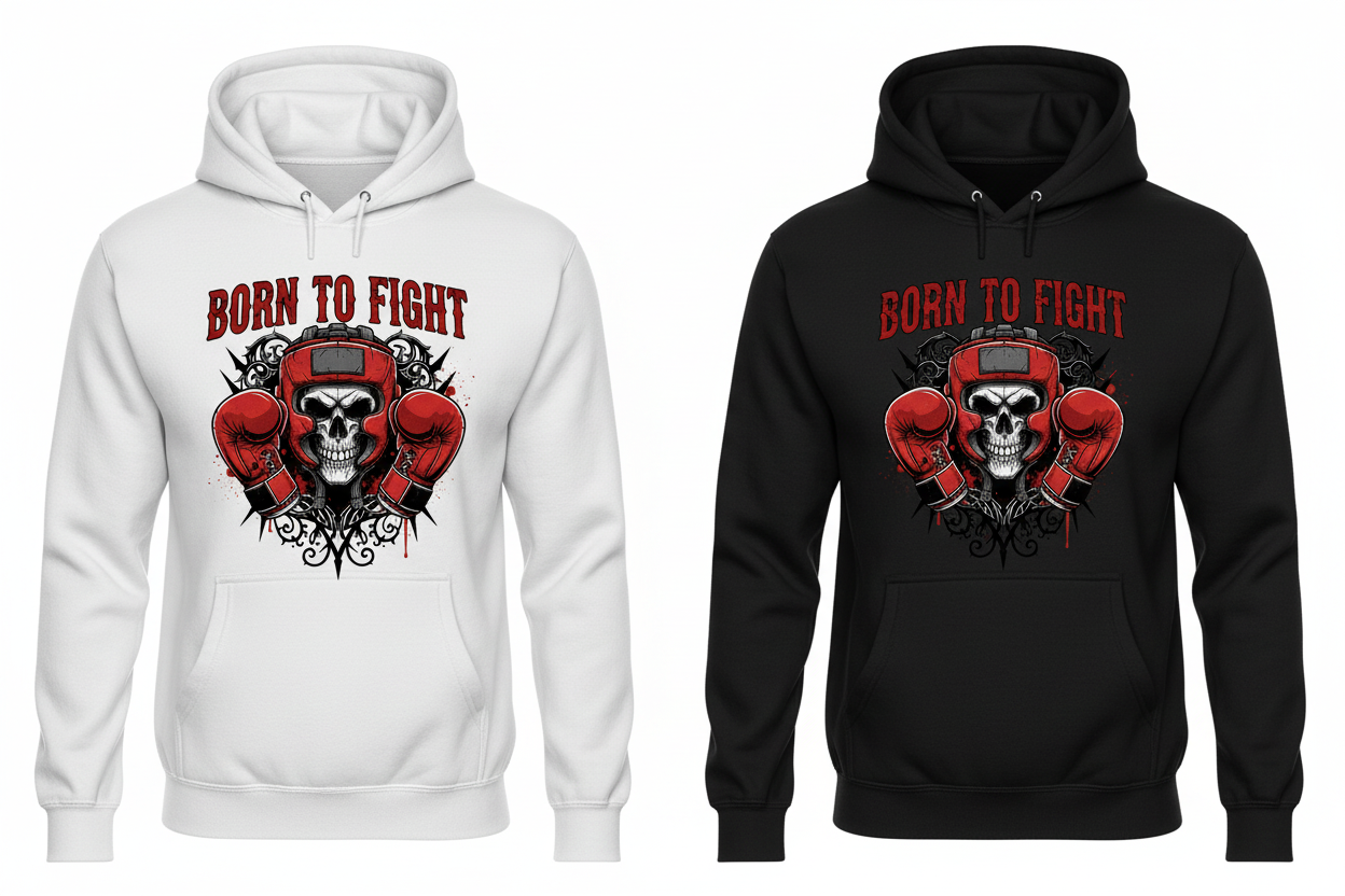 Born to Fight boxing hoodie shown in both black and white colourways