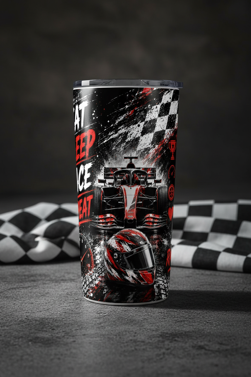 Eat Sleep Race Repeat F1 racing white sublimation tumbler on concrete with chequered flag