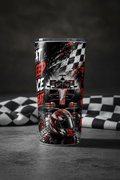 Eat Sleep Race Repeat F1 racing white sublimation tumbler on concrete with chequered flag