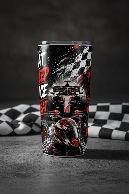 Eat Sleep Race Repeat F1 racing white sublimation tumbler on concrete with chequered flag