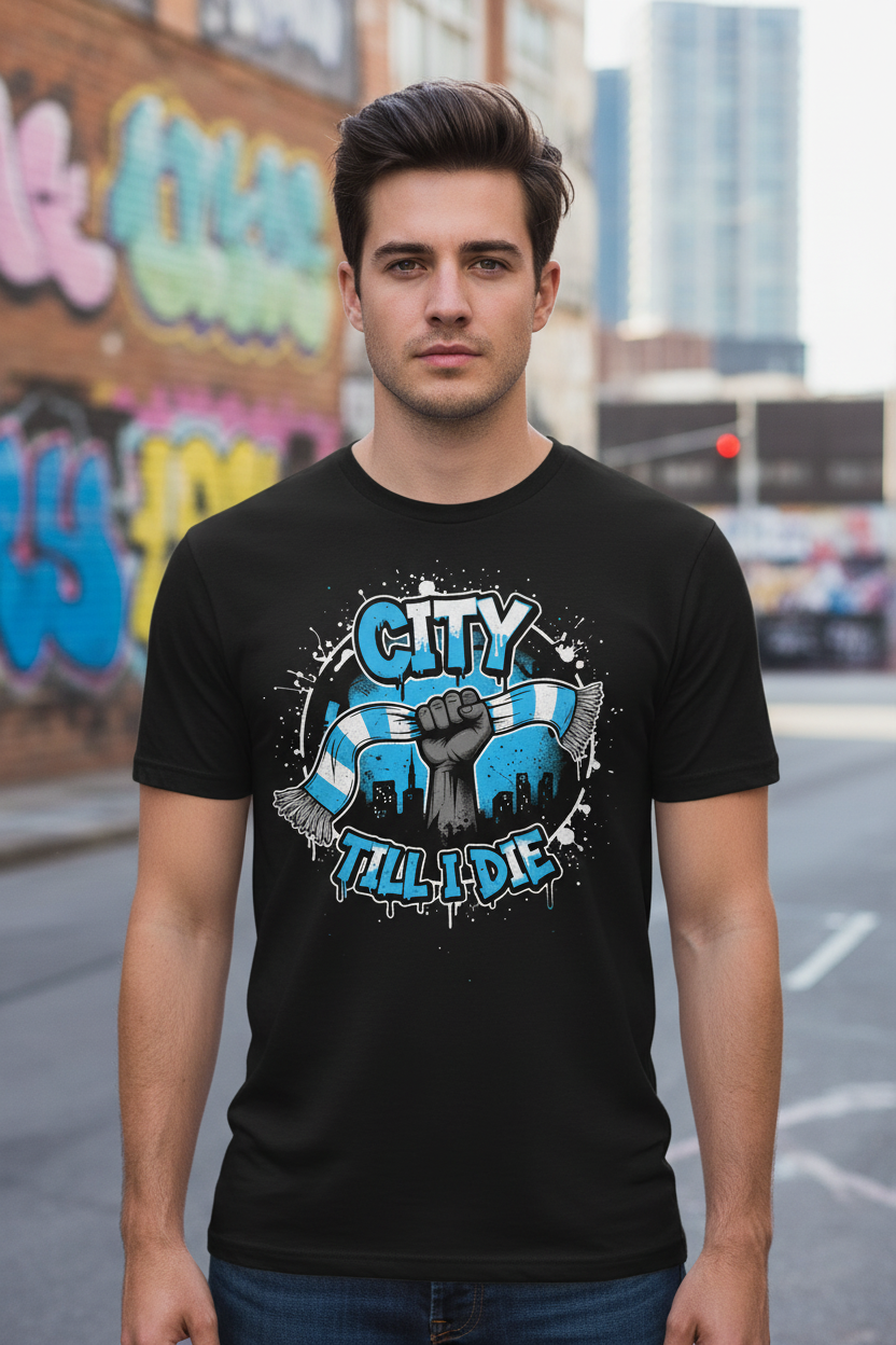 City Till I Die graffiti design – black t-shirt male model urban street