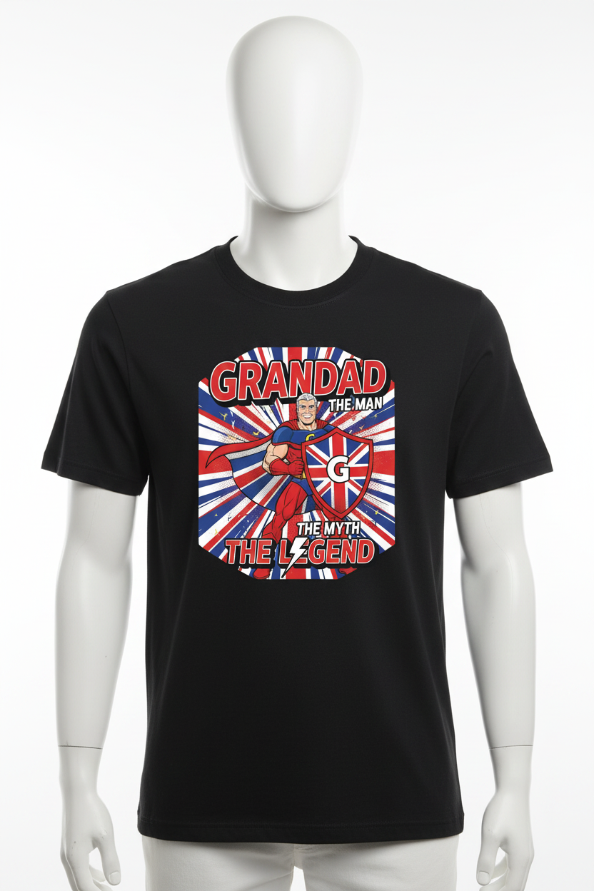 Grandad superhero black t-shirt front view on mannequin