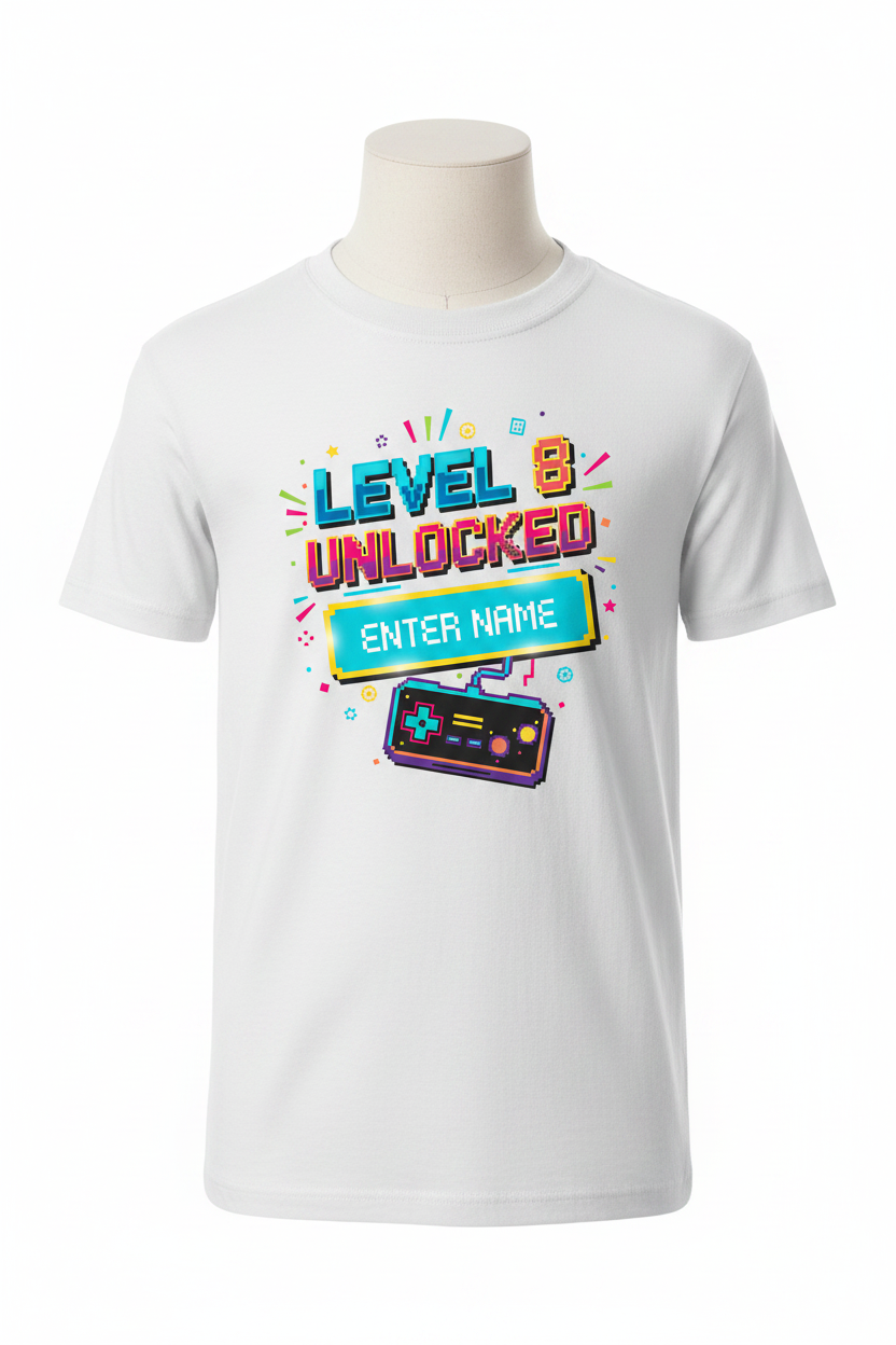 Level 8 Unlocked personalised birthday t-shirt - white ghost mannequin