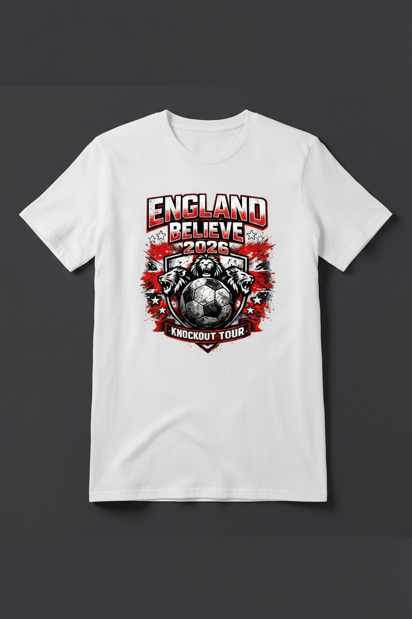 England Believe 2026 Knockout Tour – White T-Shirt Front View