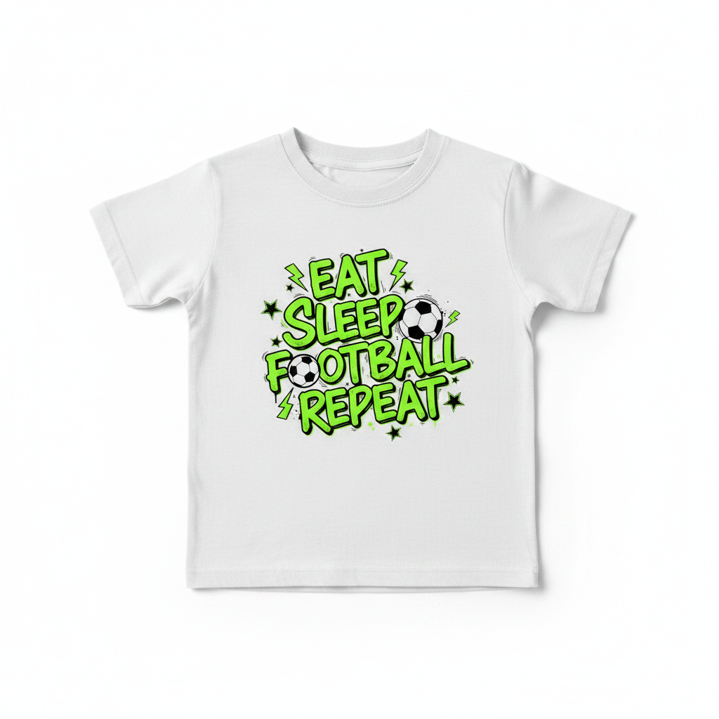 Eat Sleep Football Repeat neon street style kids white t-shirt flat lay