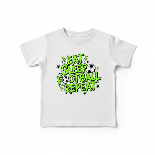 Eat Sleep Football Repeat neon street style kids white t-shirt flat lay
