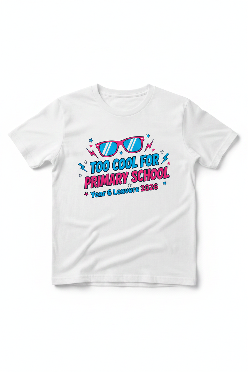 Too Cool for Primary School Year 6 Leavers 2026 – White T-Shirt Flat Lay
