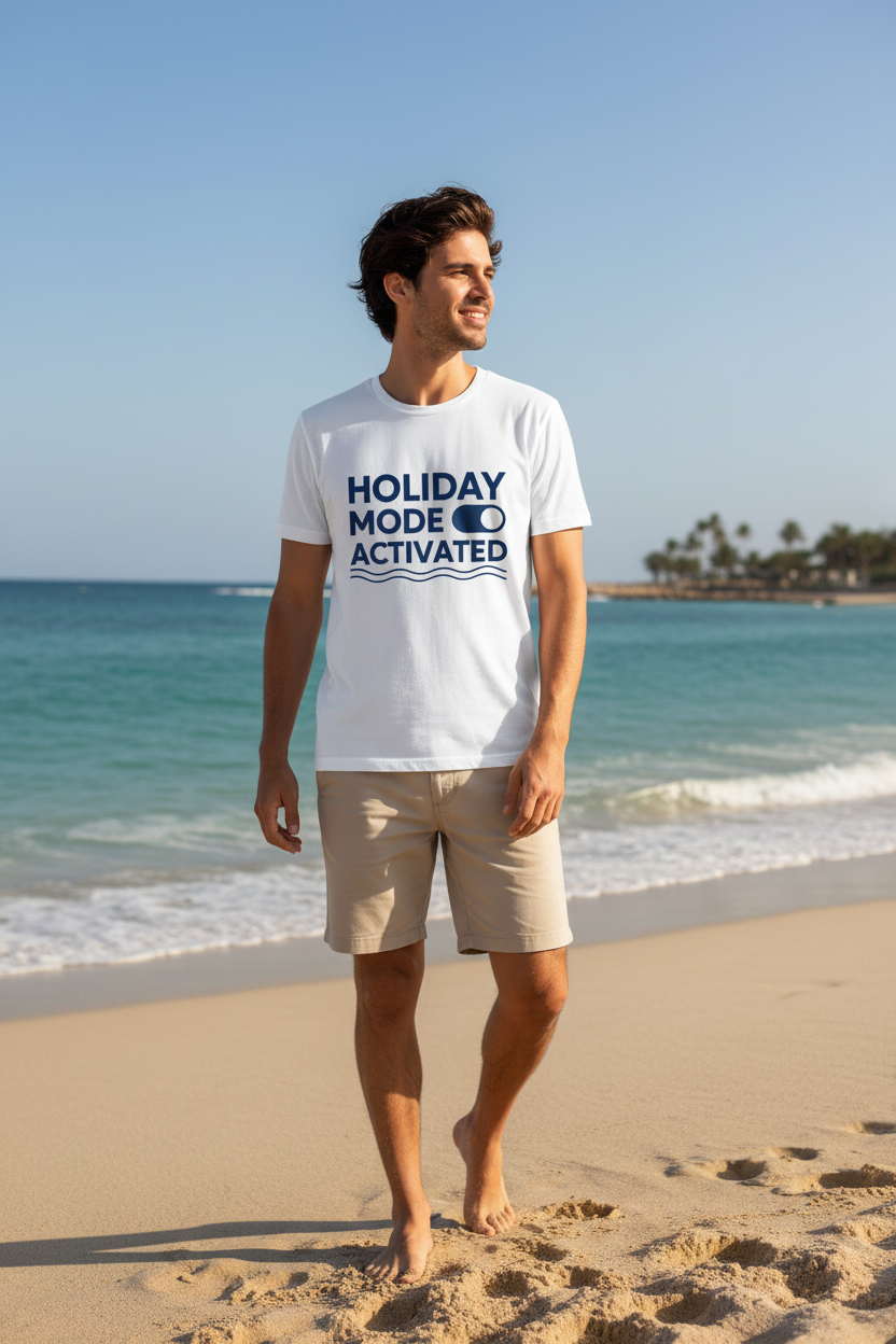 Holiday Mode Activated white t-shirt lifestyle beach mockup