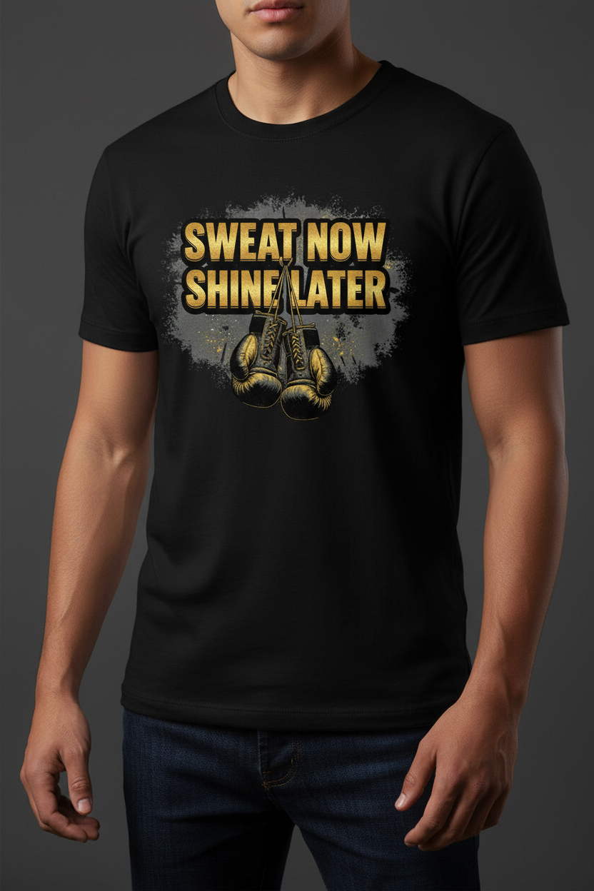 Sweat Now Shine Later boxing t-shirt in black worn by model