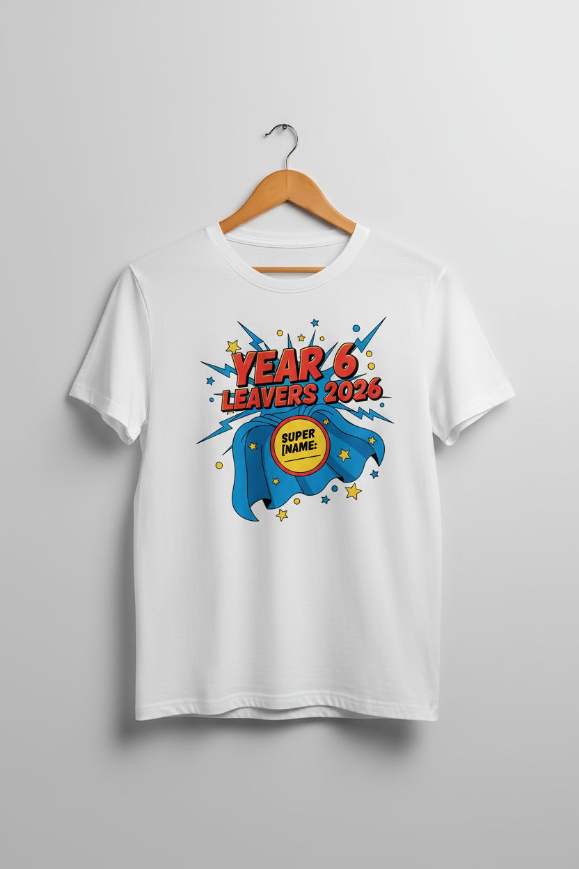 Year 6 Leavers 2026 Superhero T-Shirt – White Hanger