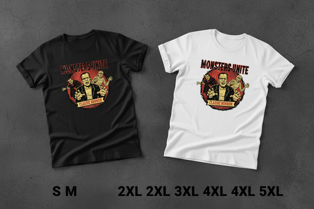 Monsters Unite black and white t-shirts side by side with size range