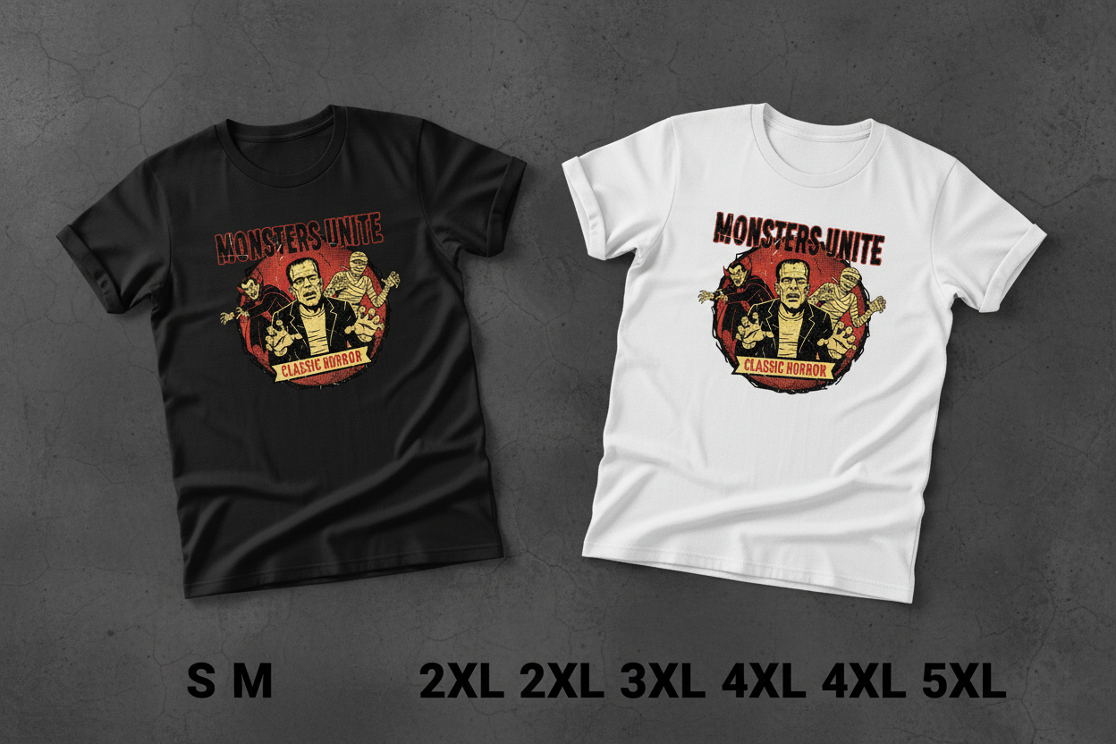 Monsters Unite black and white t-shirts side by side with size range