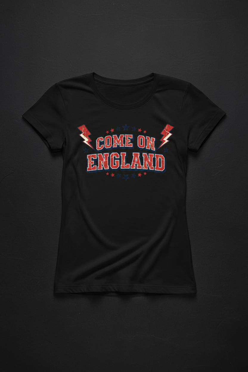 Women's Come On England retro varsity black t-shirt flat lay