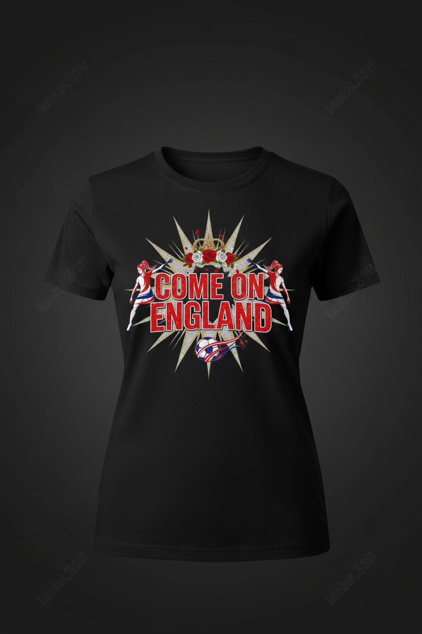 Women's Come On England glam sparkle black t-shirt ghost mannequin