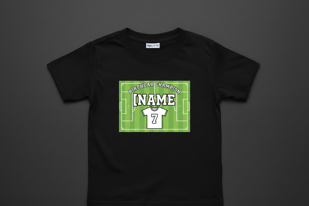 Personalised Football Birthday Champion T-Shirt - Black Flat Lay