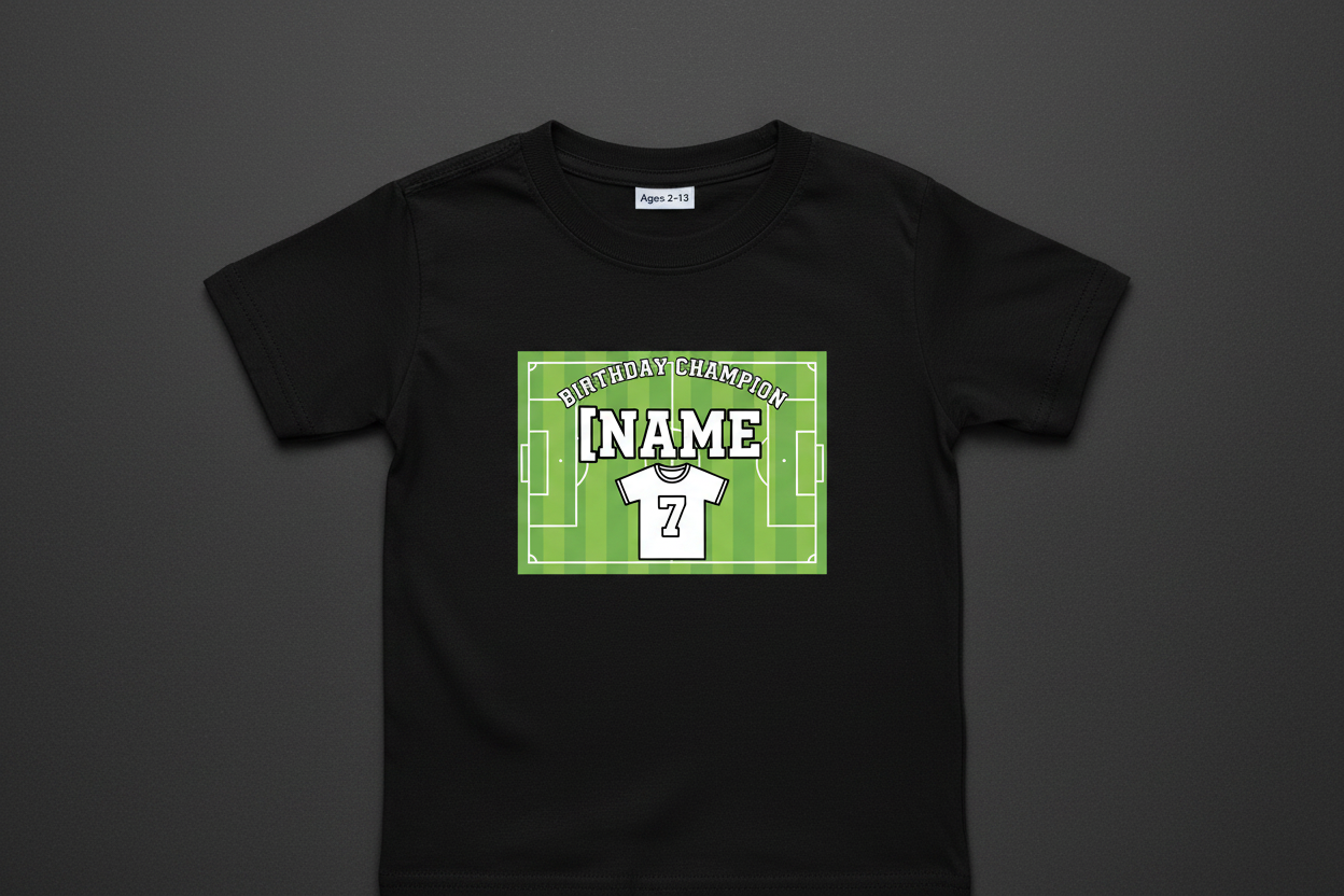 Personalised Football Birthday Champion T-Shirt - Black Flat Lay