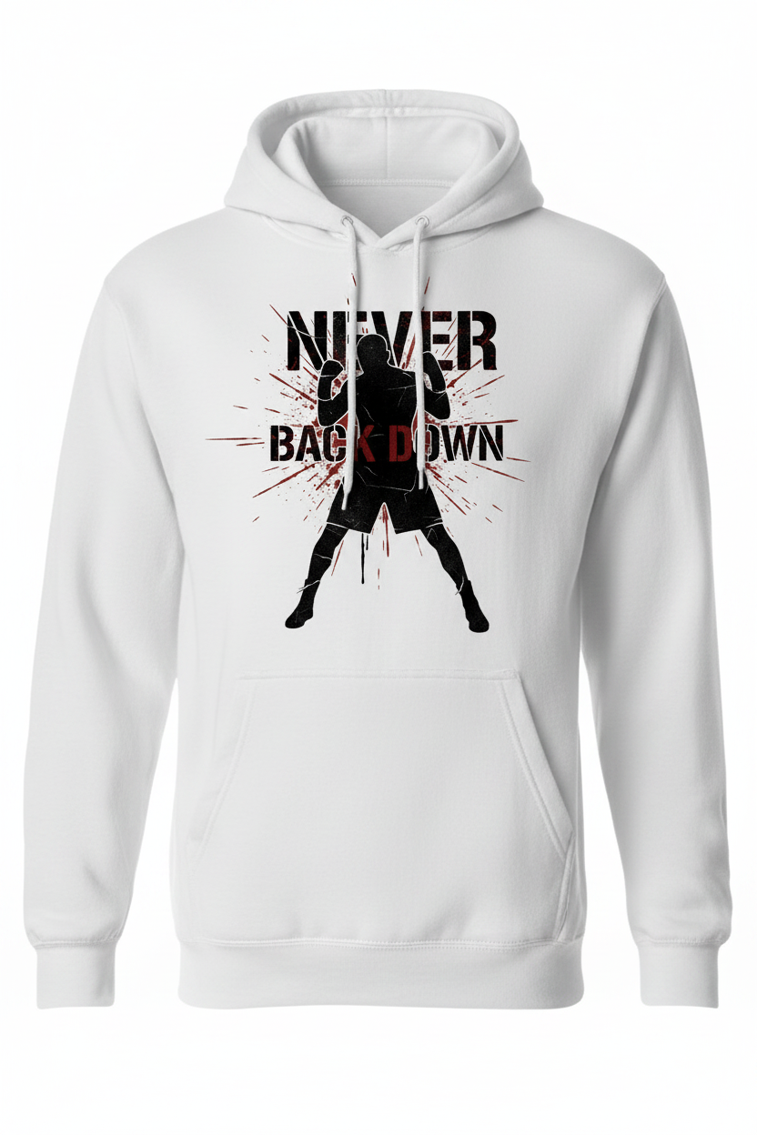 Never Back Down boxing hoodie in white, ghost mannequin front view