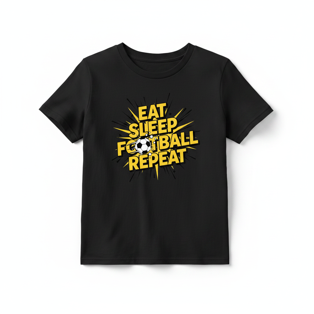 Eat Sleep Football Repeat comic book style kids black t-shirt flat lay