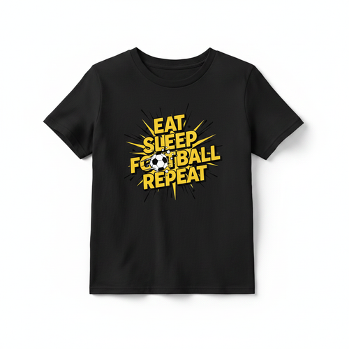 Eat Sleep Football Repeat comic book style kids black t-shirt flat lay