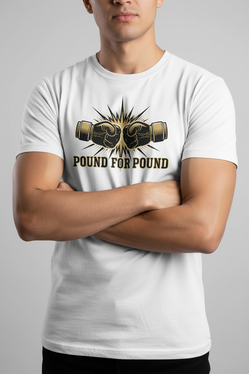 Pound for Pound boxing t-shirt in white worn by model