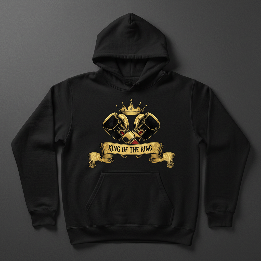 King of the Ring boxing hoodie in black, flat lay product photo
