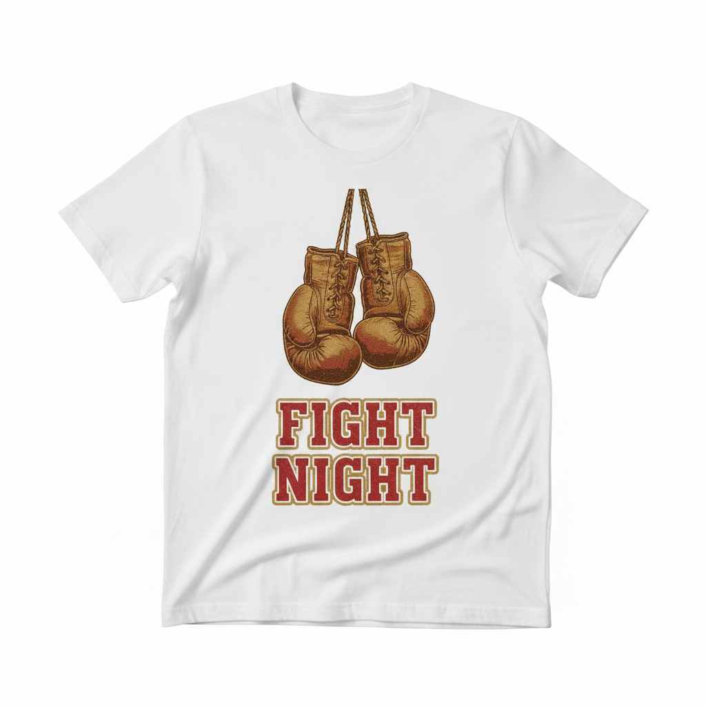 Fight Night boxing t-shirt in white, flat lay product photo