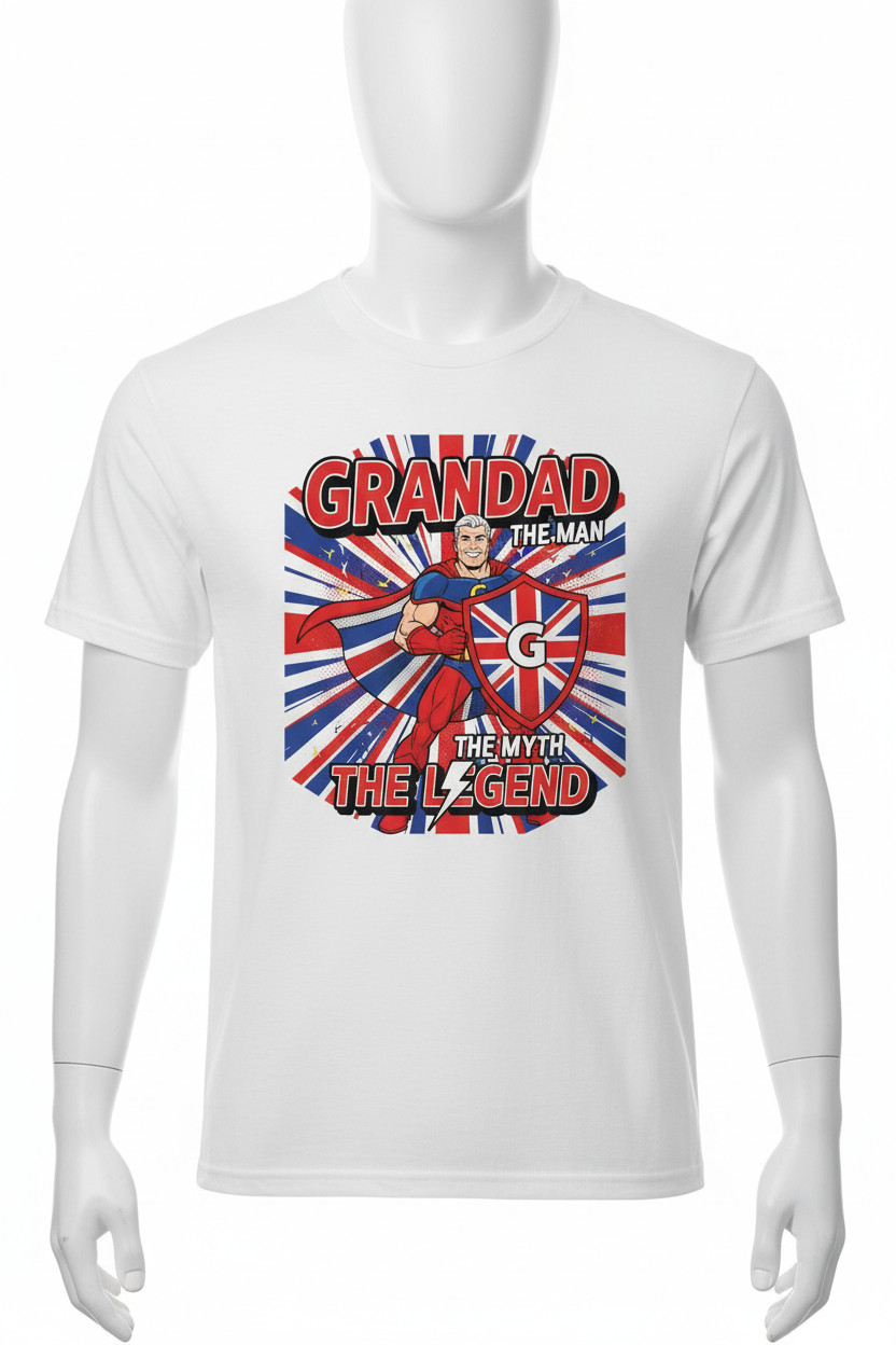 Grandad superhero white t-shirt front view on mannequin