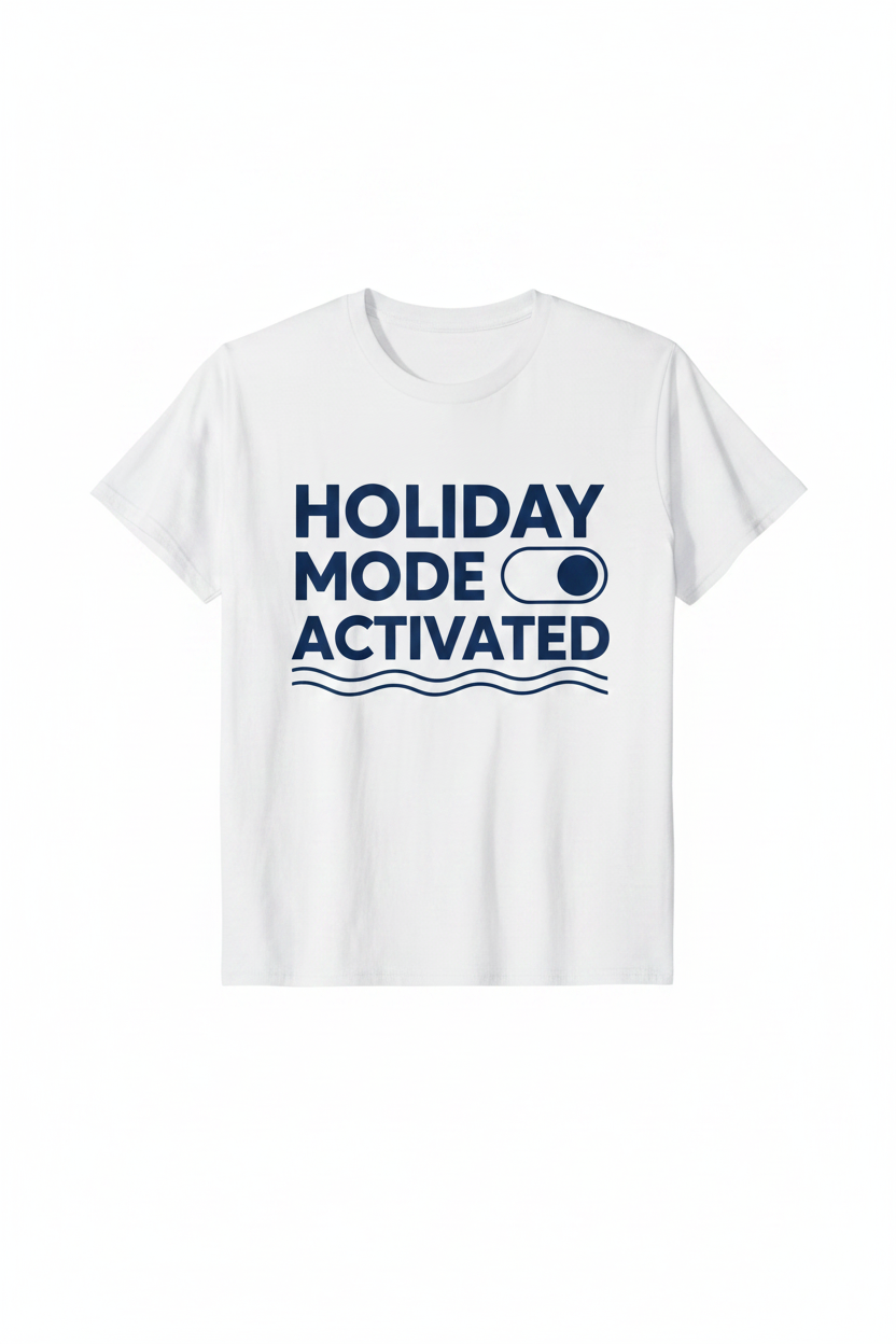 Holiday Mode Activated white t-shirt flat lay mockup