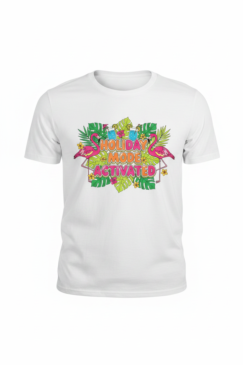 Holiday Mode Activated tropical flamingo white t-shirt ghost mannequin