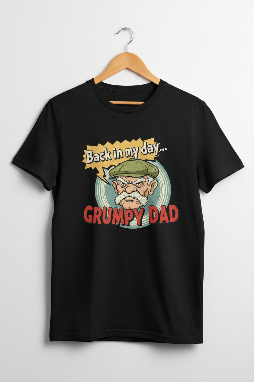 Grumpy Dad Back In My Day black t-shirt on hanger