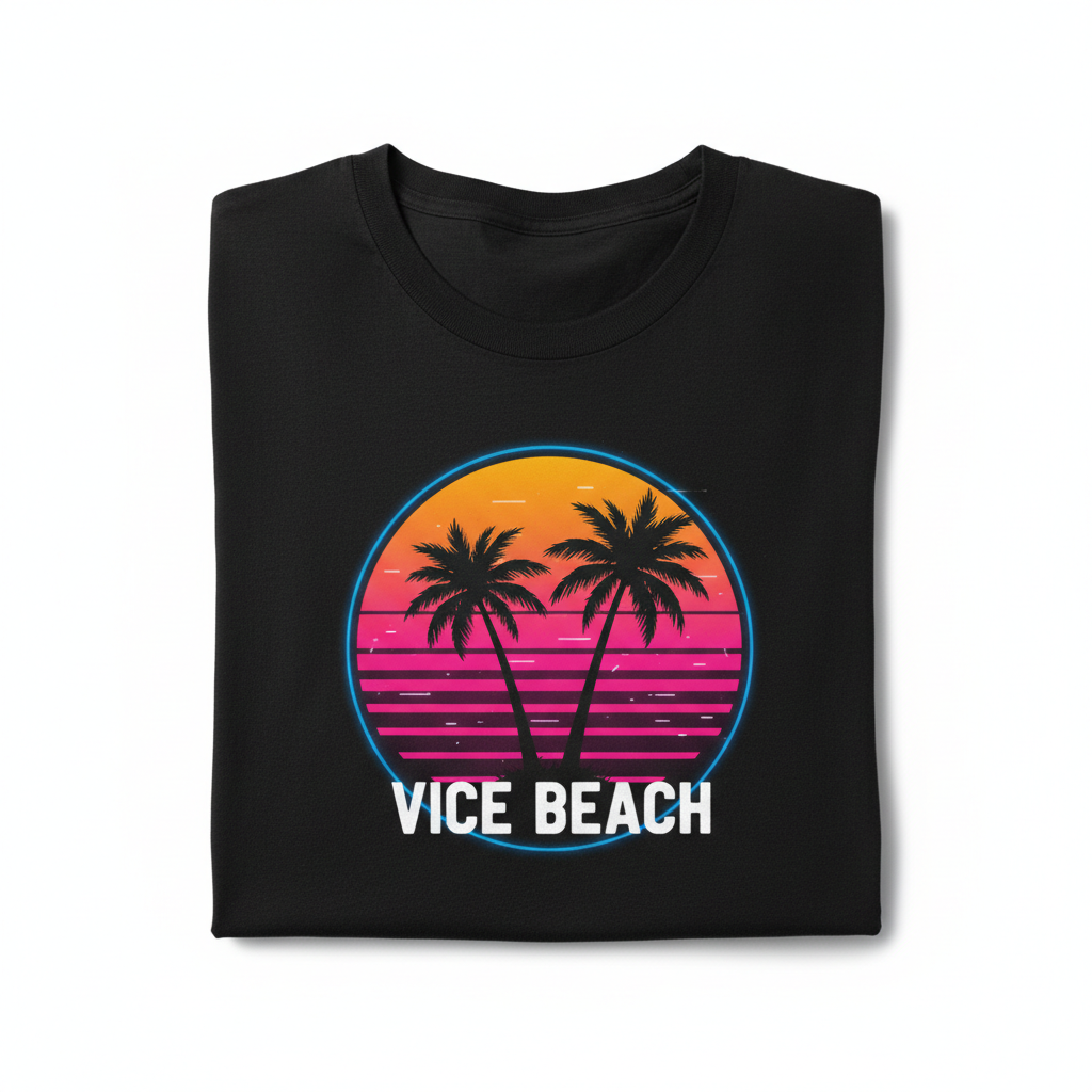 Retro Vaporwave Sunset Tee - Black Flat Lay