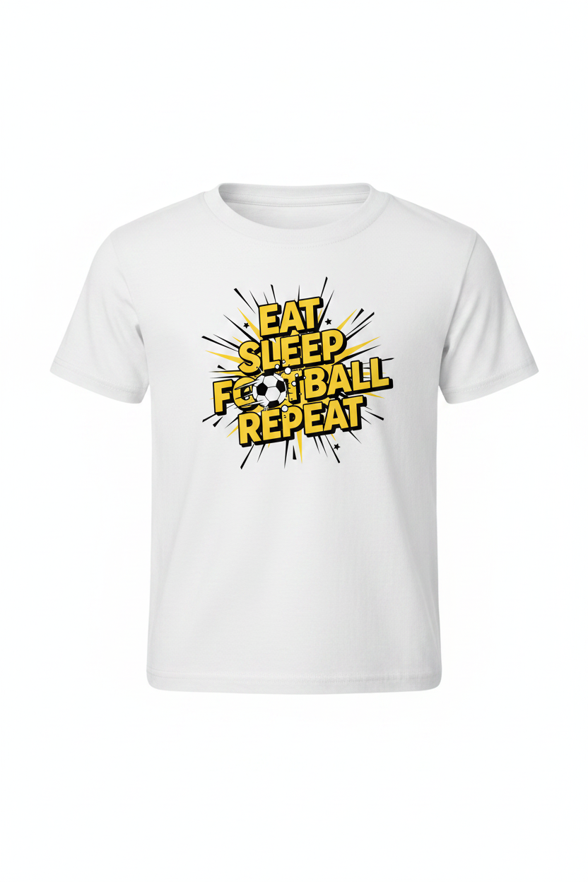 Eat Sleep Football Repeat comic book style kids white t-shirt ghost mannequin