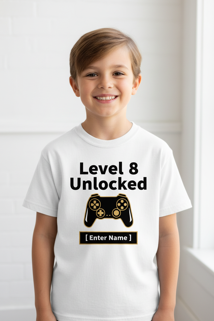Child wearing Level 8 Unlocked minimalist birthday t-shirt in white - lifestyle