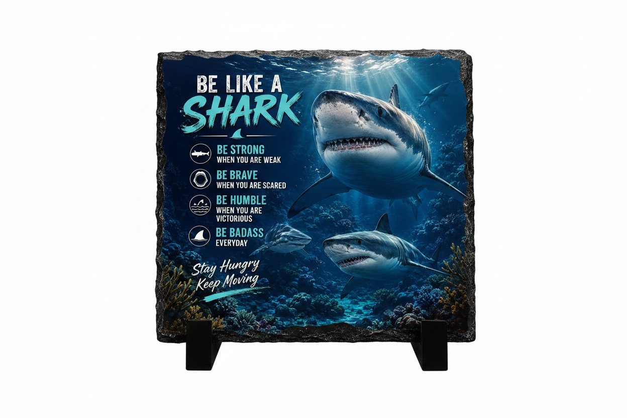 Be Like A Shark rectangle landscape slate plaque with black stands