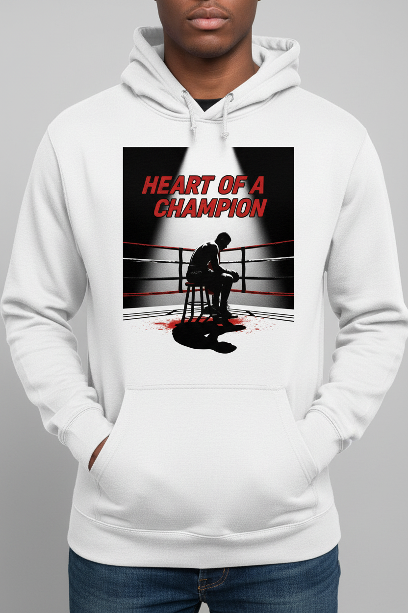 Heart of a Champion boxing hoodie in white worn by model