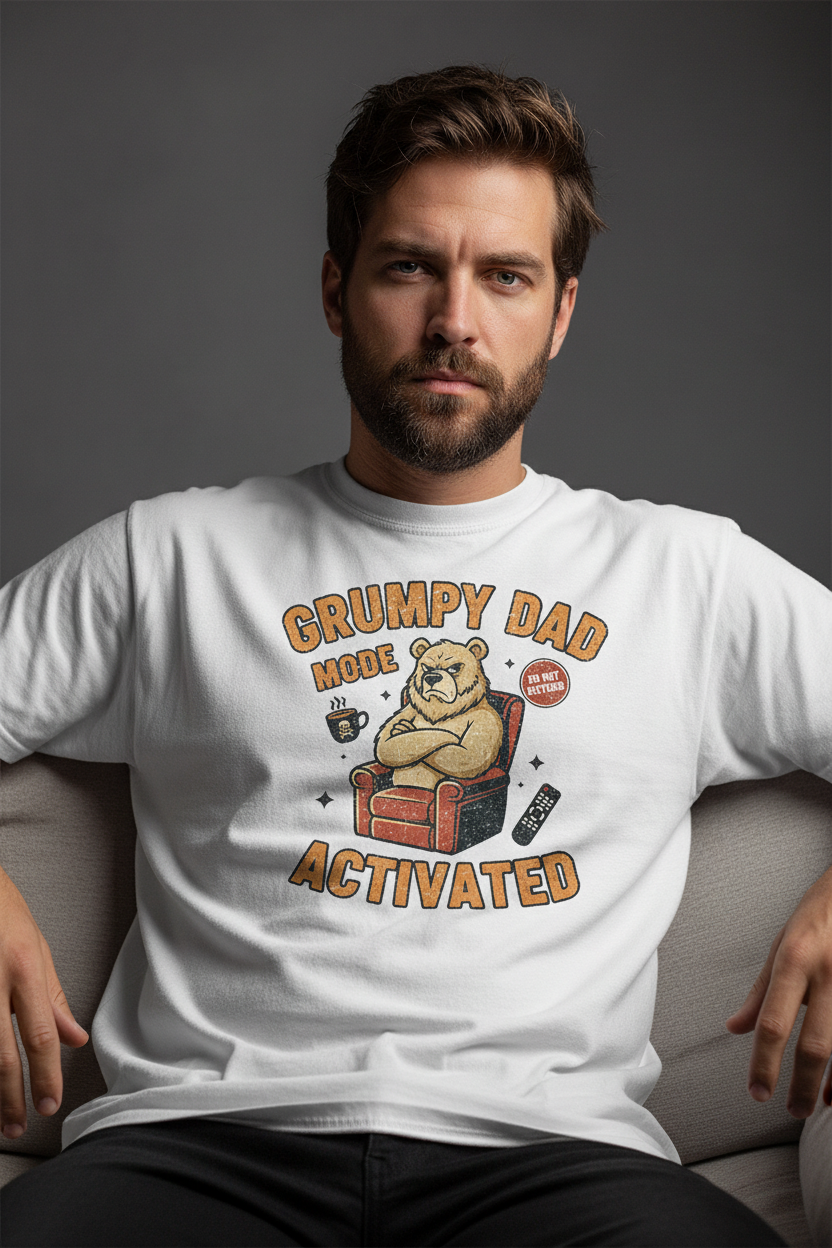 Grumpy Dad Mode Activated white t-shirt on model