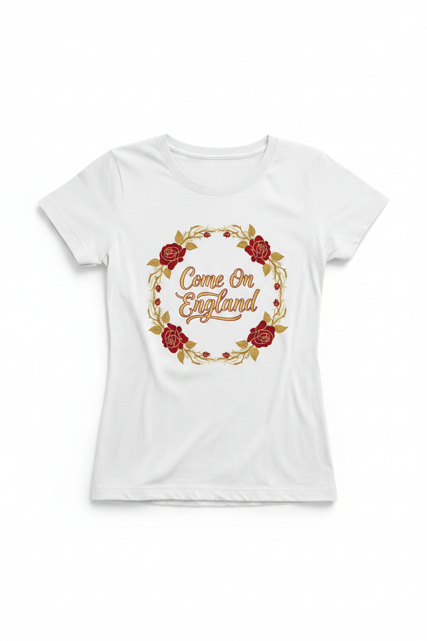 Women's Come On England rose wreath white t-shirt flat lay
