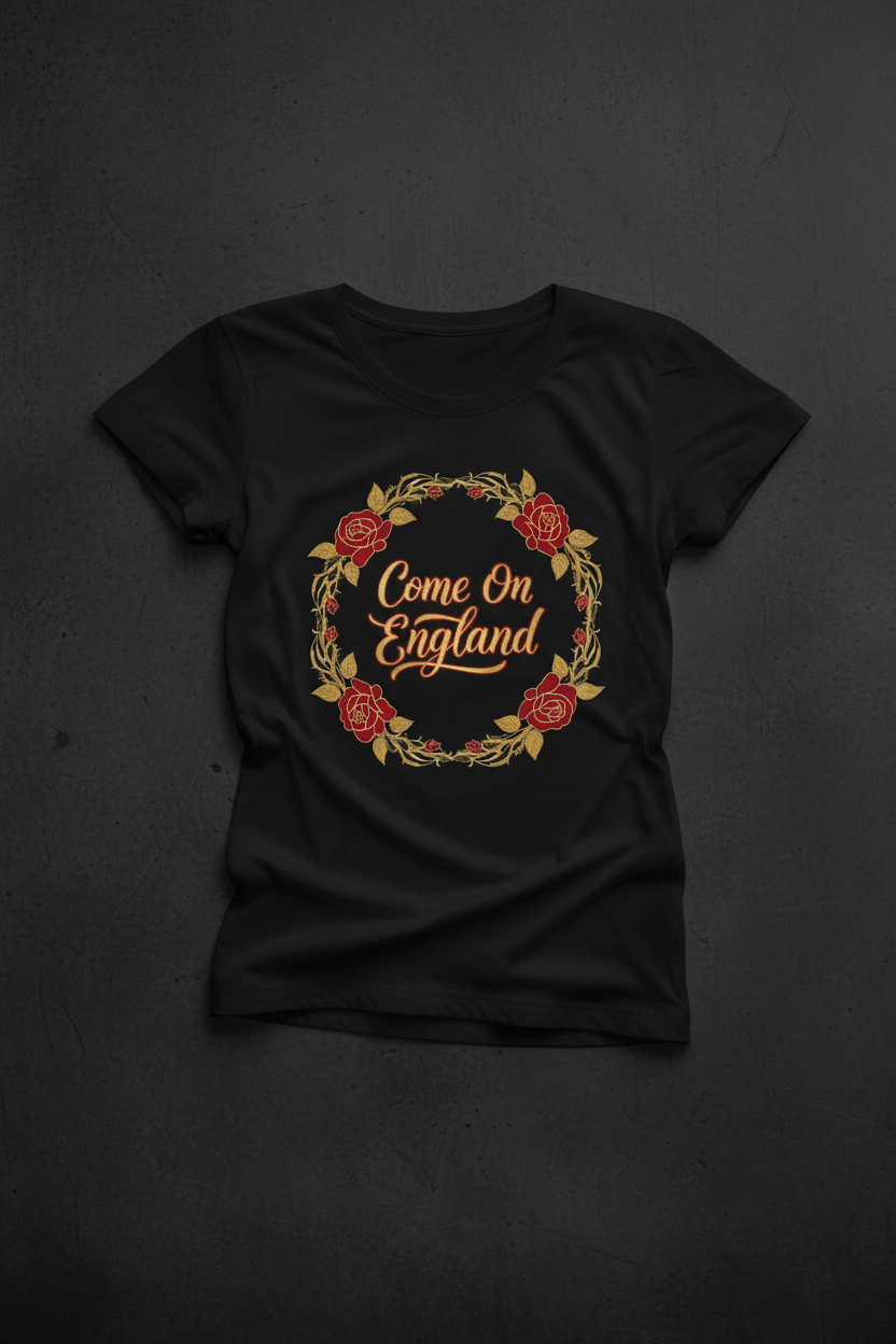 Women's Come On England rose wreath black t-shirt flat lay