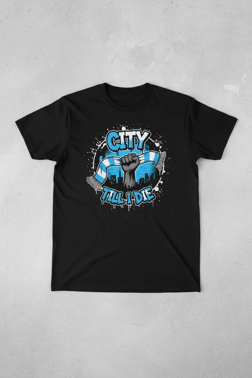 City Till I Die graffiti design – black t-shirt flat lay