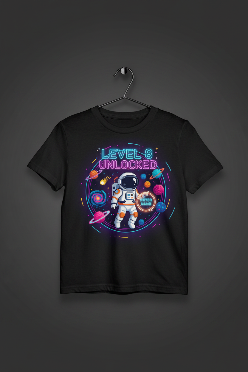 Level 8 Unlocked space galaxy birthday t-shirt - black hanger