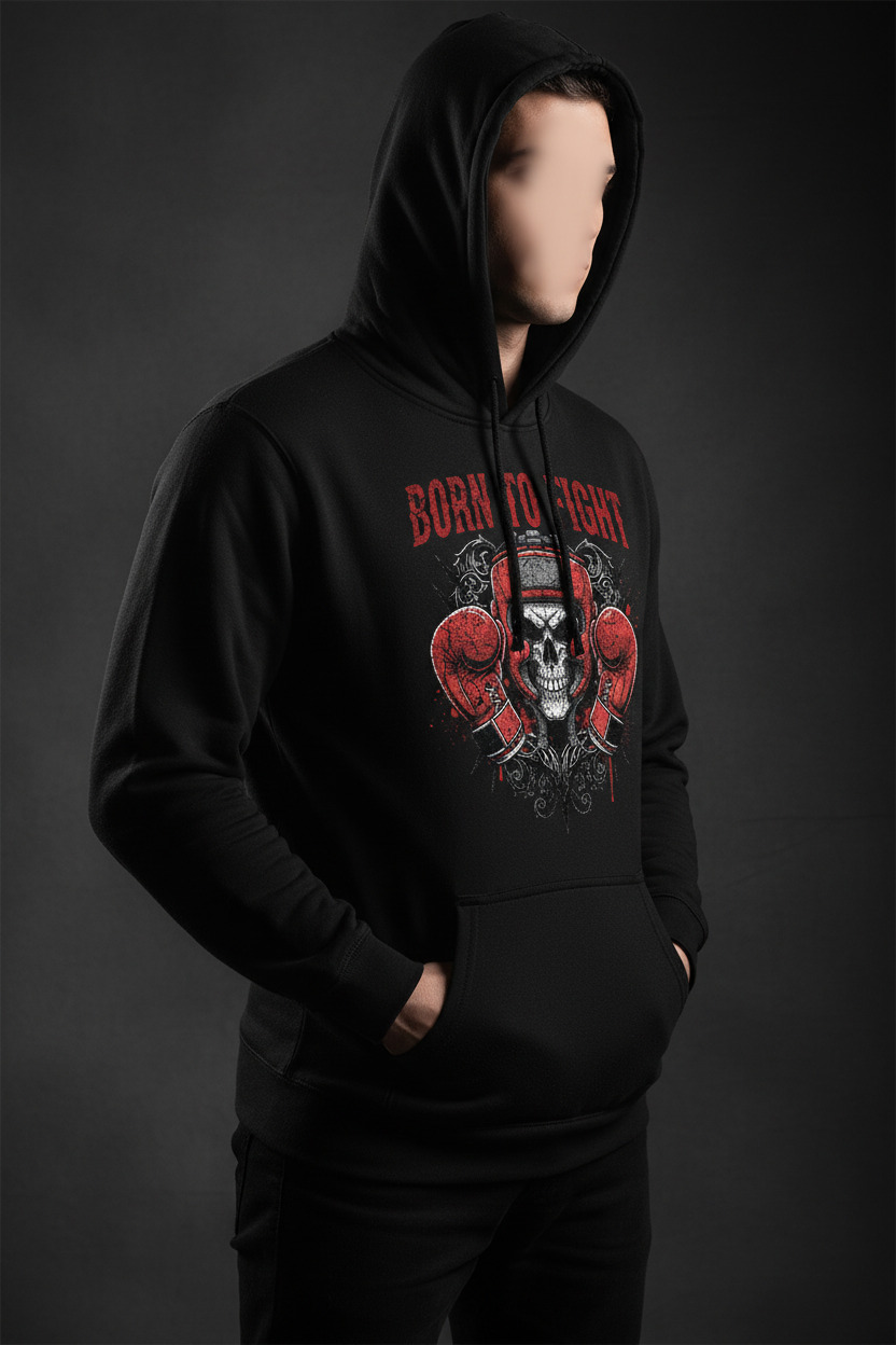 Born to Fight boxing hoodie in black worn by model