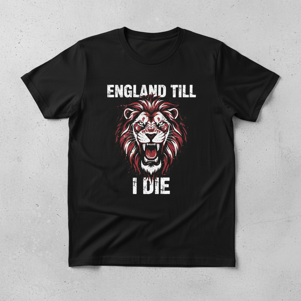 England Till I Die Grunge Lion T-Shirt - Flat Lay Black