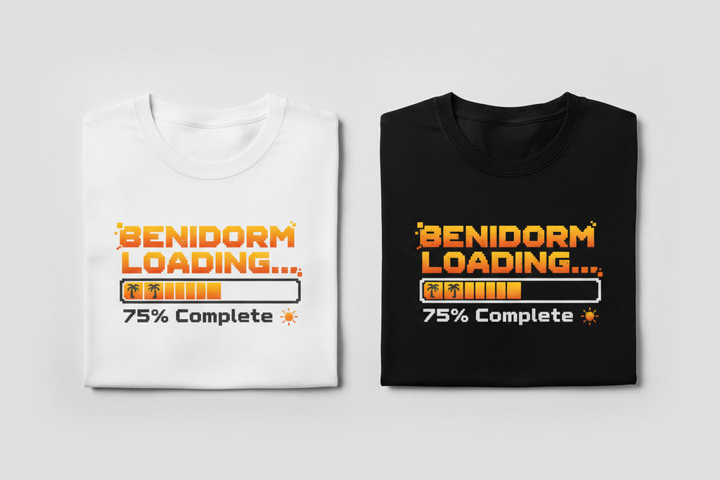 Benidorm Loading t-shirt black and white comparison
