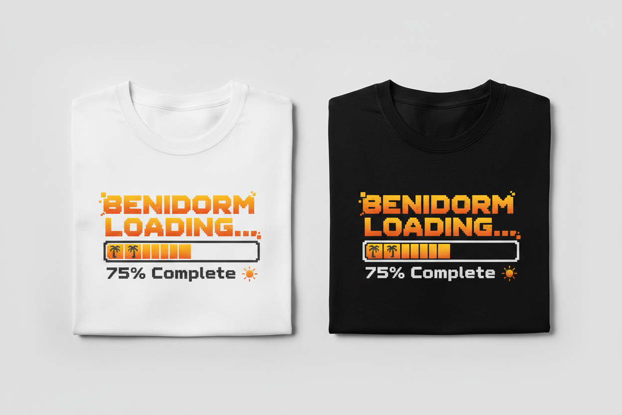 Benidorm Loading t-shirt black and white comparison