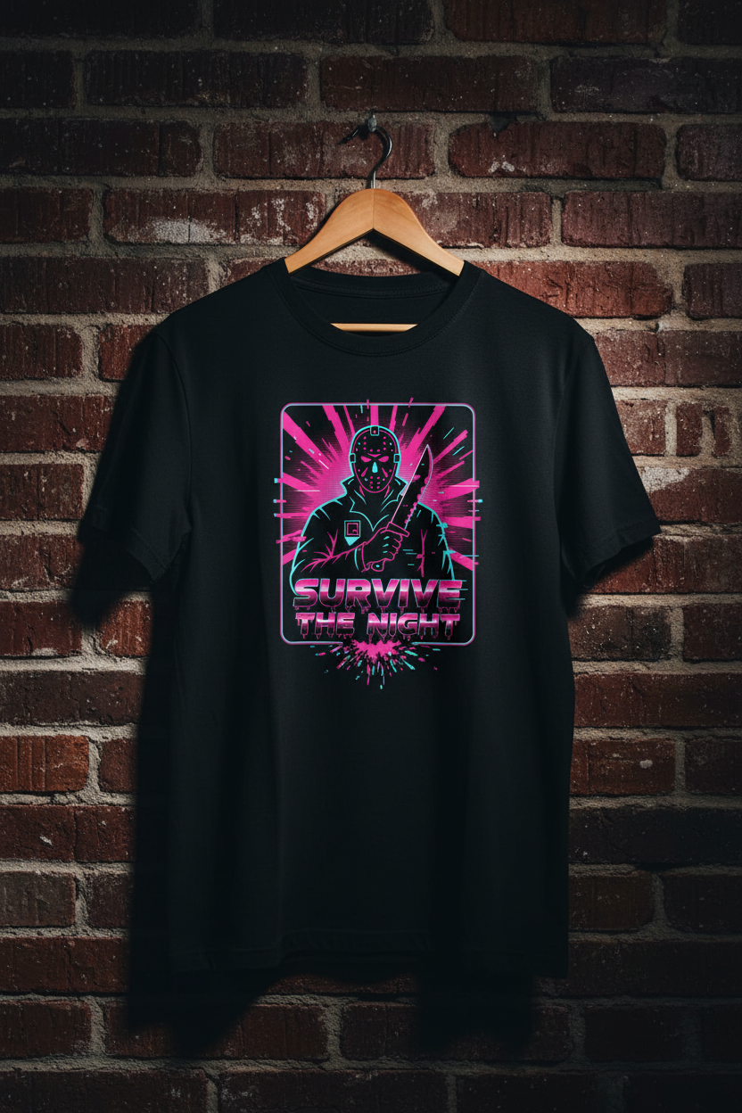 Survive the Night black t-shirt hanging editorial mockup