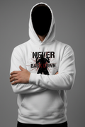 Never Back Down boxing hoodie in white worn by model, studio shot