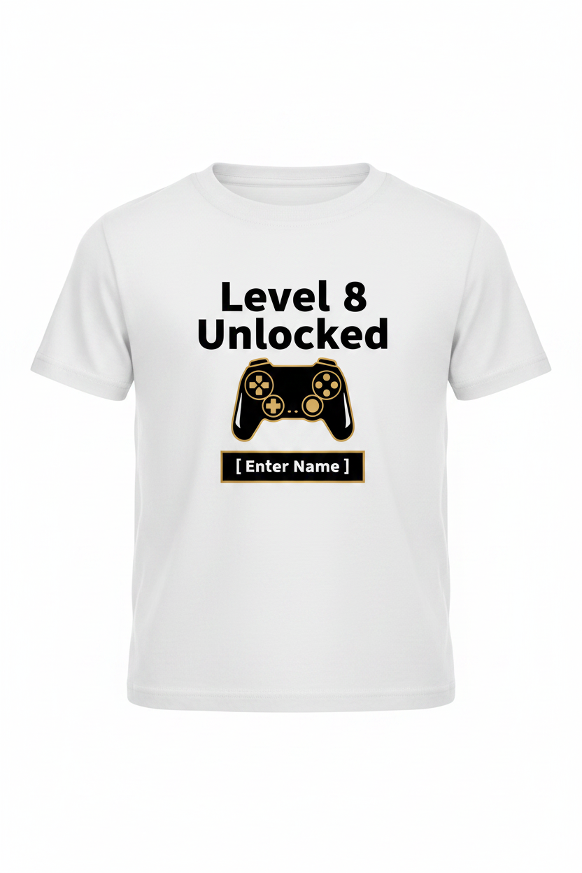 Level 8 Unlocked minimalist birthday t-shirt white ghost mannequin